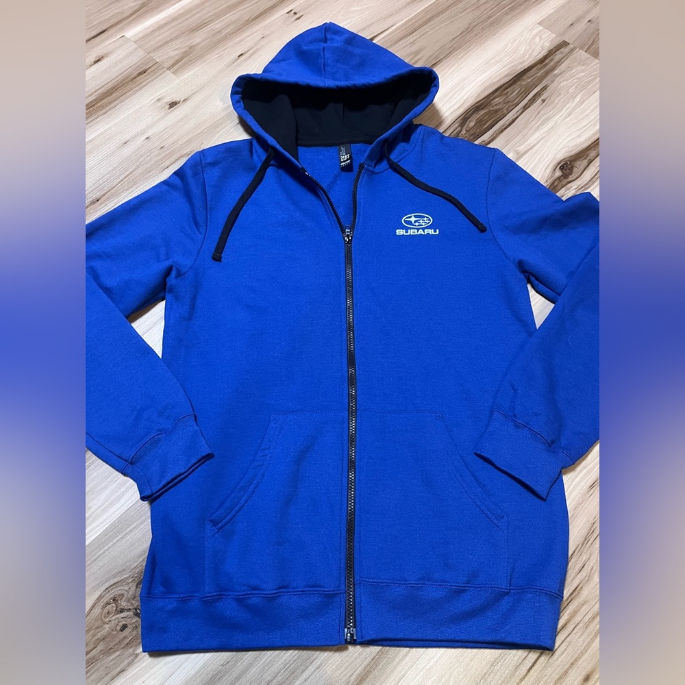 NWOT Subaru Blue Full Zip Up Hoodie Mens Large L Fits Medium M Hooded Sweatshirt